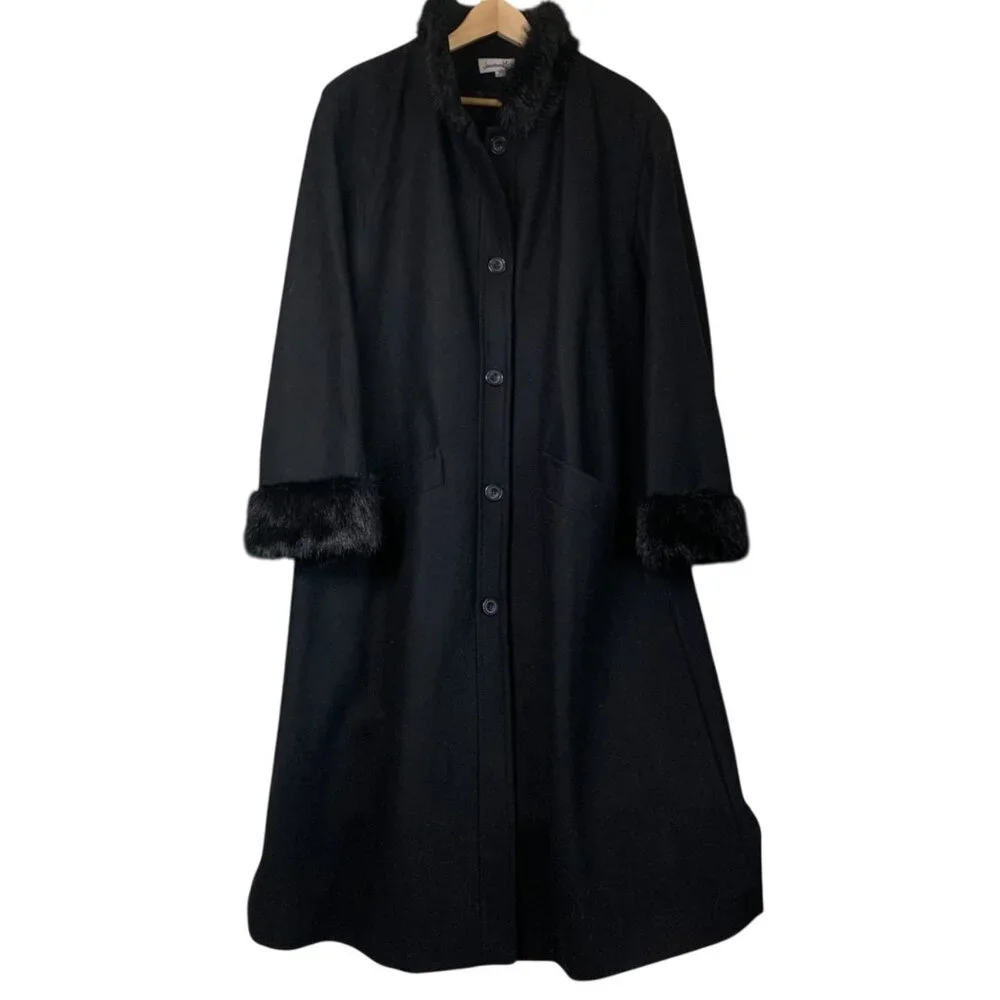 VTG Jonathan Michael Women's Black Wool Blend Long Coat Faux Fur Trim‎ Size 18W - Picture 12 of 15